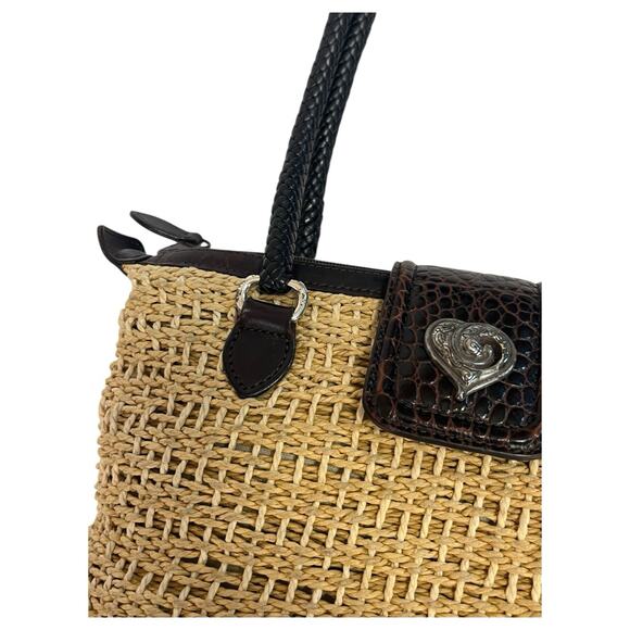 VTG Brighton Purse Brown Leather Straw Woven Double Handle Heart Boho 90s Y2K - Picture 9 of 16